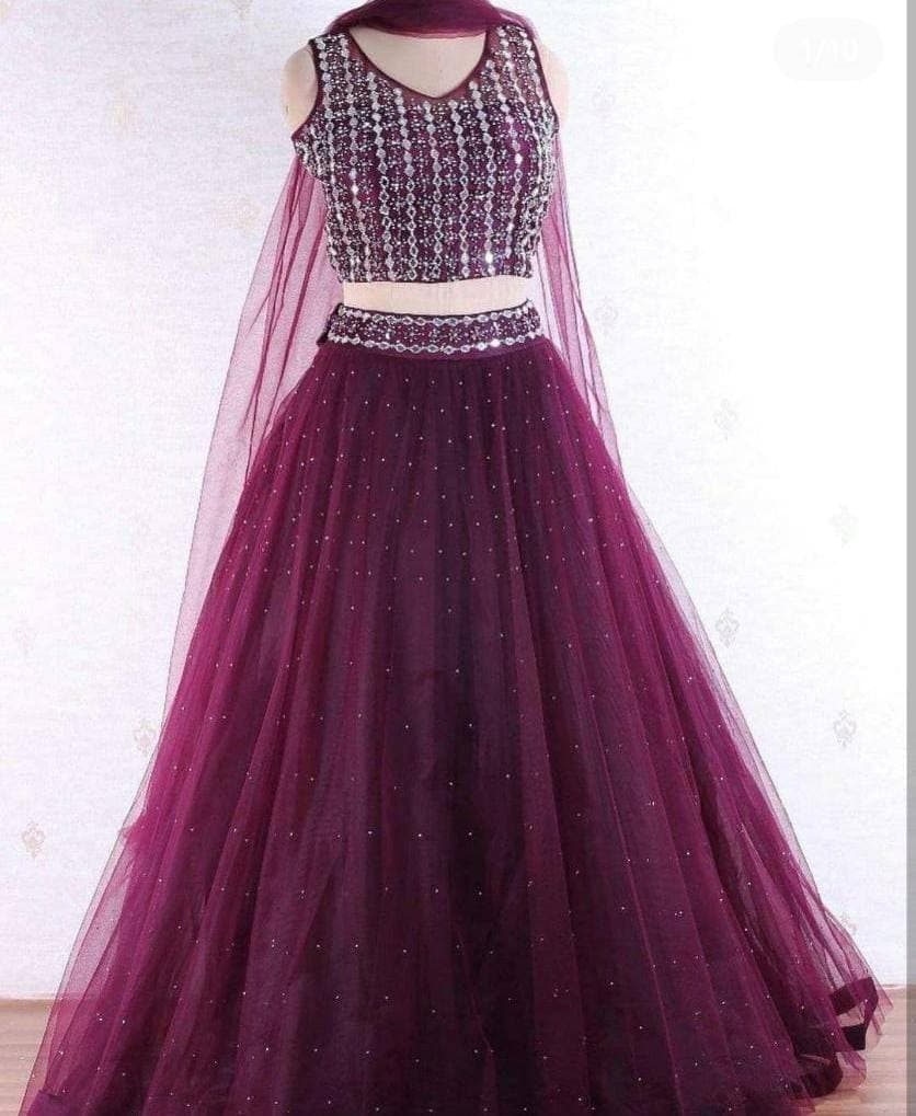 Wine Lehenga Choli In Butterfly Mono Net With Moti Work