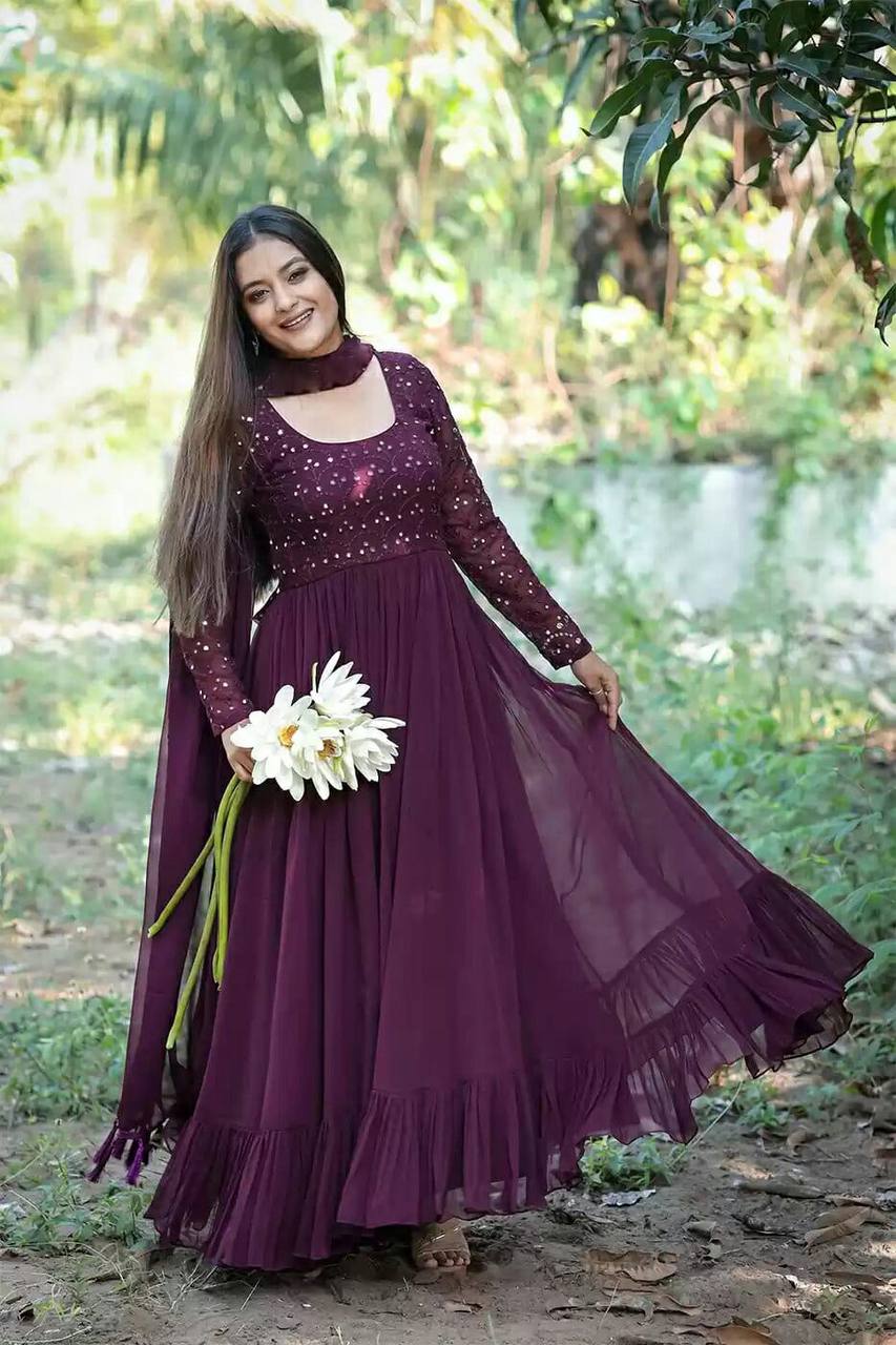 Wine Faux Blooming Thread Sequence Work Gown