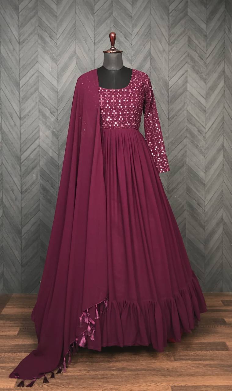 Wine Faux Blooming Thread Sequence Work Gown