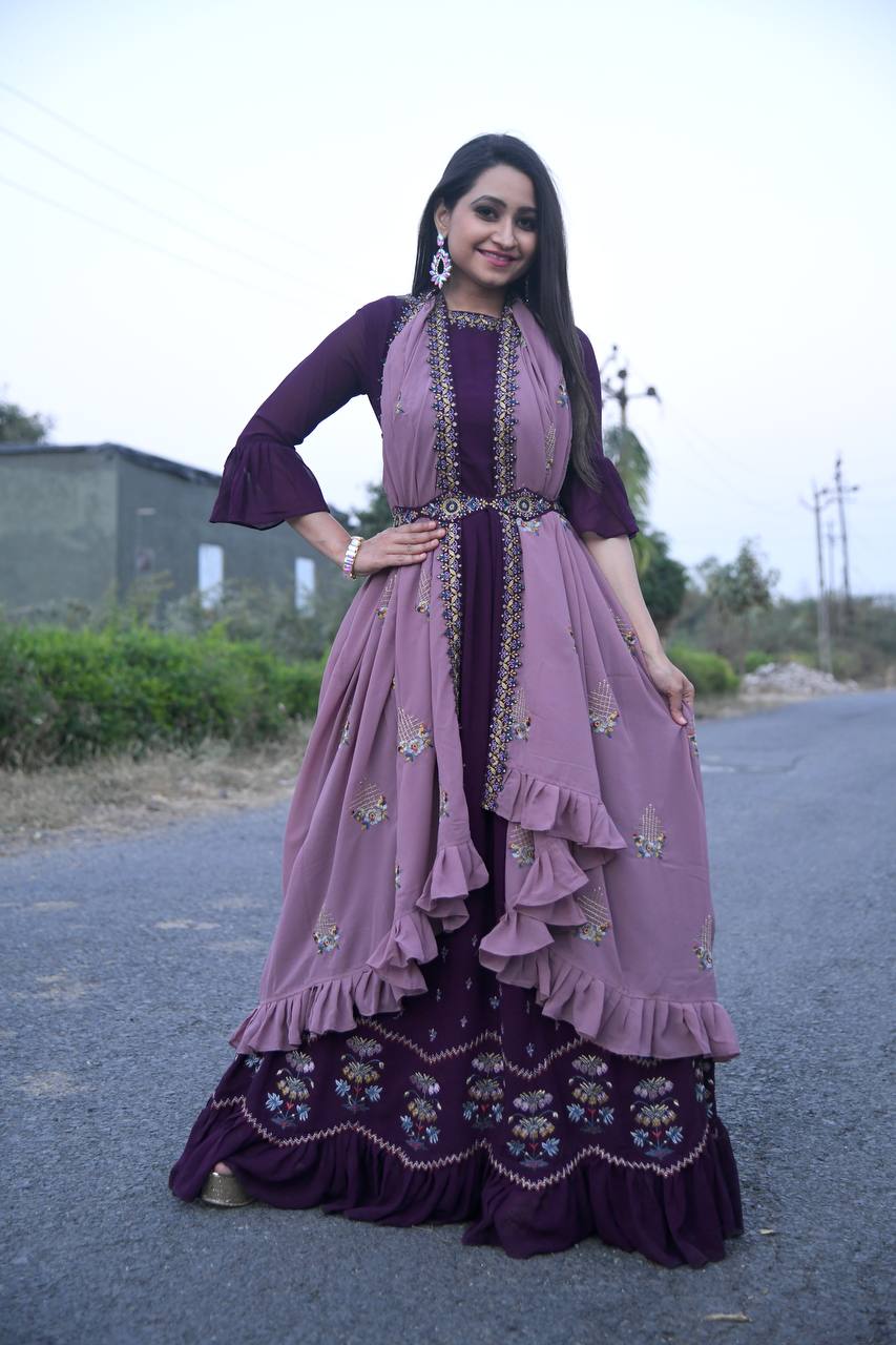 Wine Faux Georgette Embroidery Work Gown