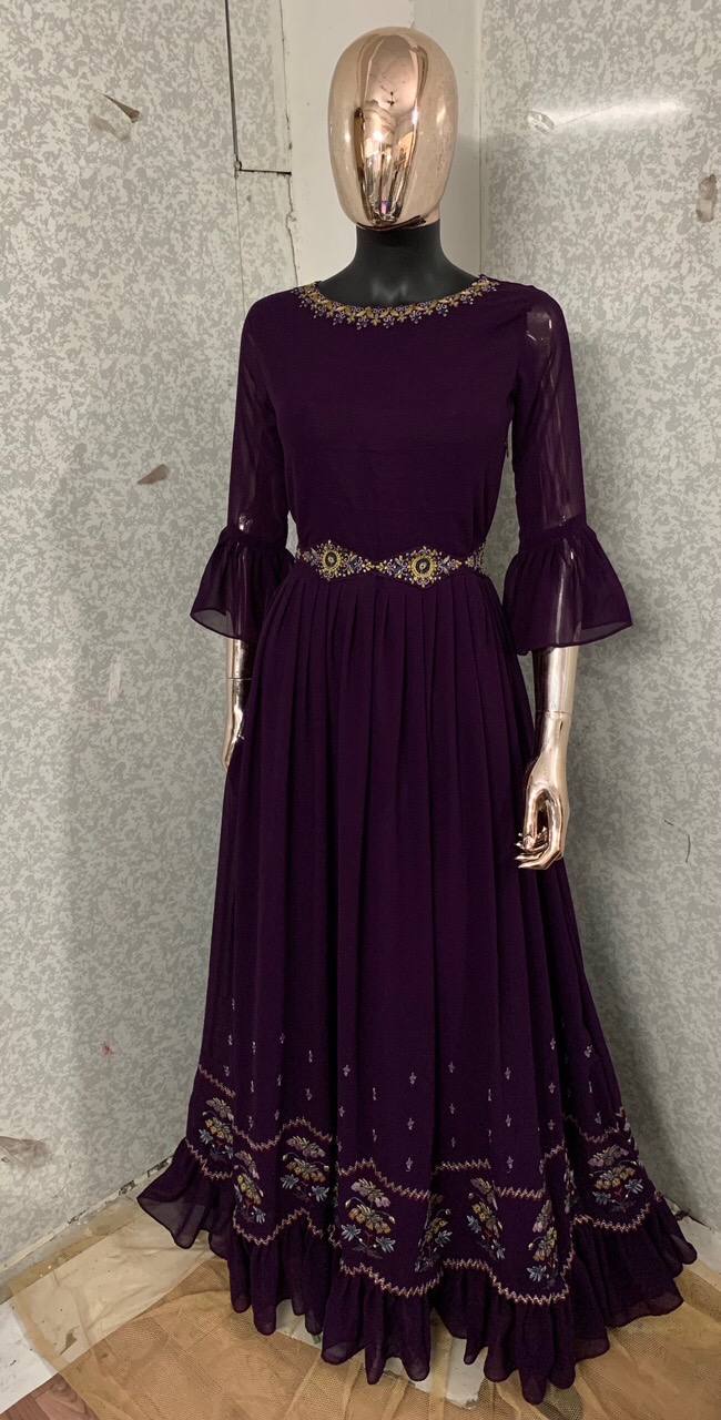 Wine Faux Georgette Embroidery Work Gown