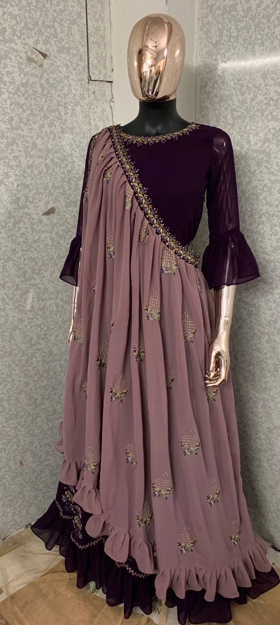 Wine Faux Georgette Embroidery Work Gown