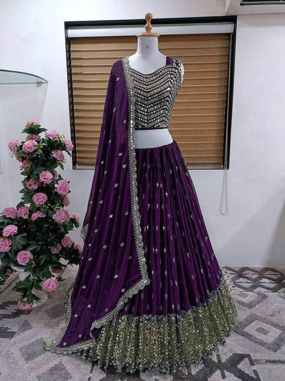 Wine Lehenga Choli In Faux Georgette With Embroidery Work