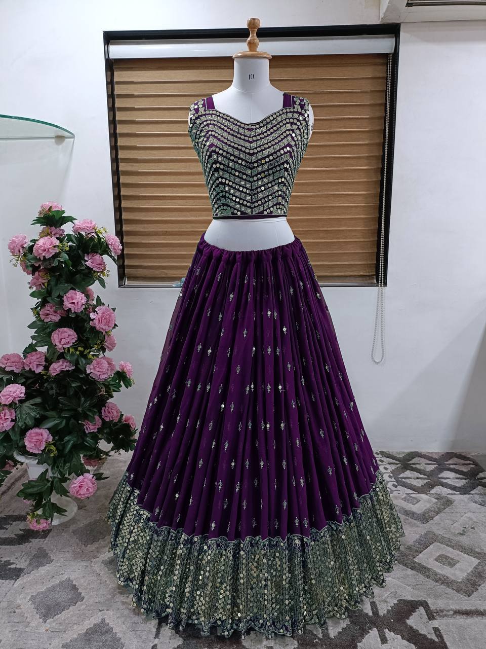 Wine Lehenga Choli In Faux Georgette With Embroidery Work