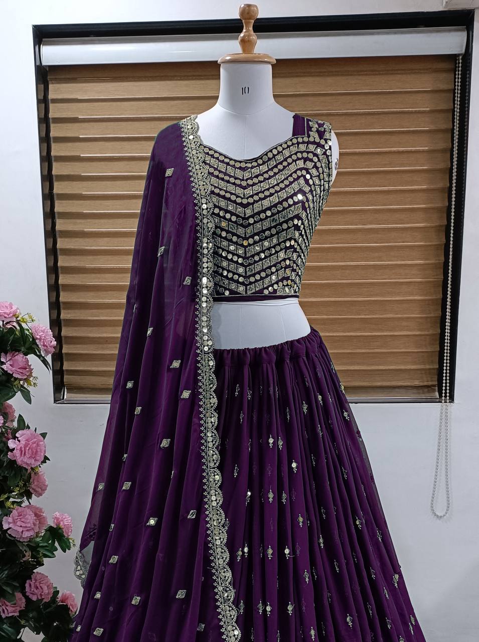 Wine Lehenga Choli In Faux Georgette With Embroidery Work