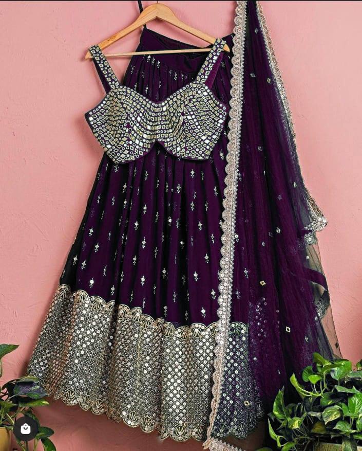 Wine Lehenga Choli In Faux Georgette With Embroidery Work