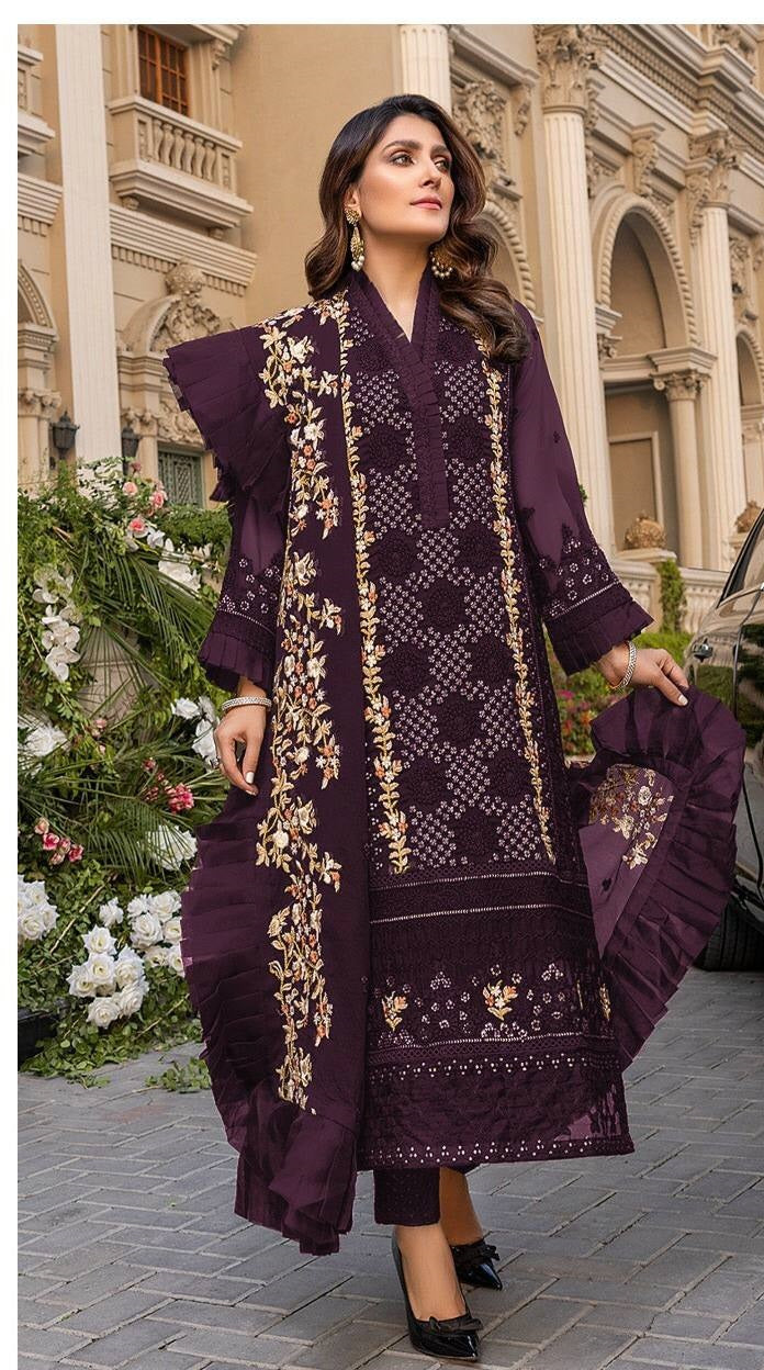 Wine Salwar Suit In Faux Georgette With Embroidery Work