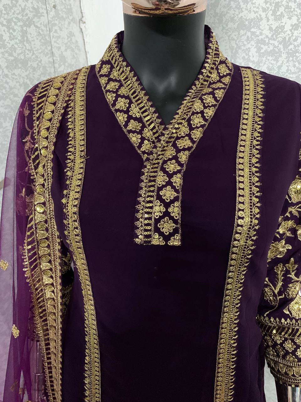 Wine Salwar Suit In Faux Georgette With Embroidery Work