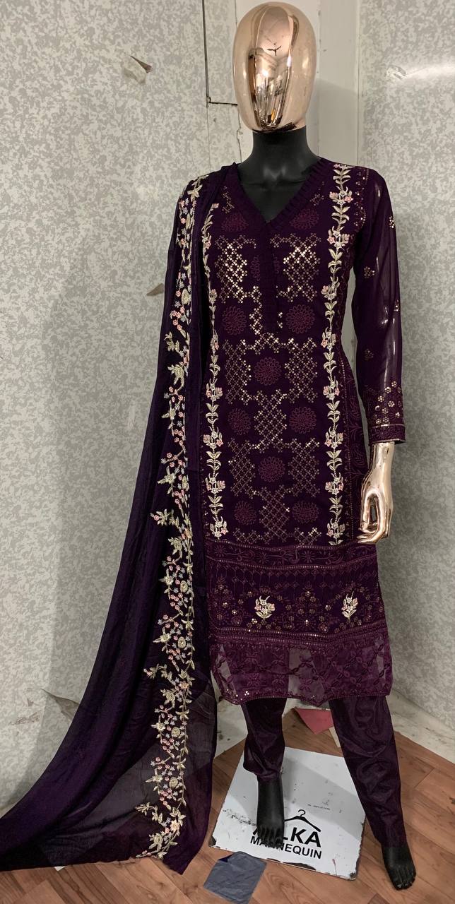 Wine Salwar Suit In Faux Georgette With Embroidery Work