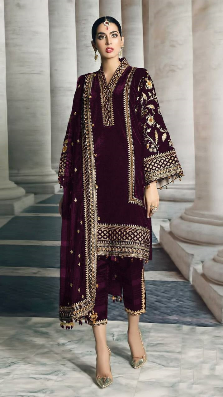 Wine Salwar Suit In Faux Georgette With Embroidery Work