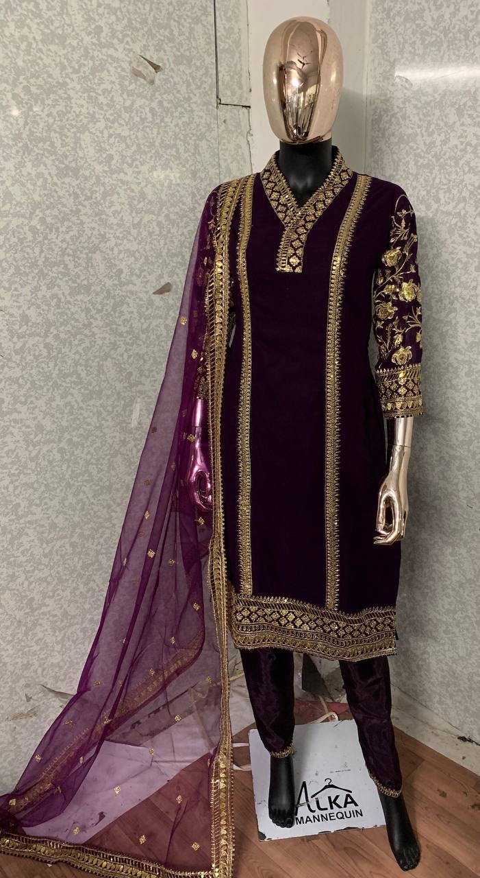 Wine Salwar Suit In Faux Georgette With Embroidery Work