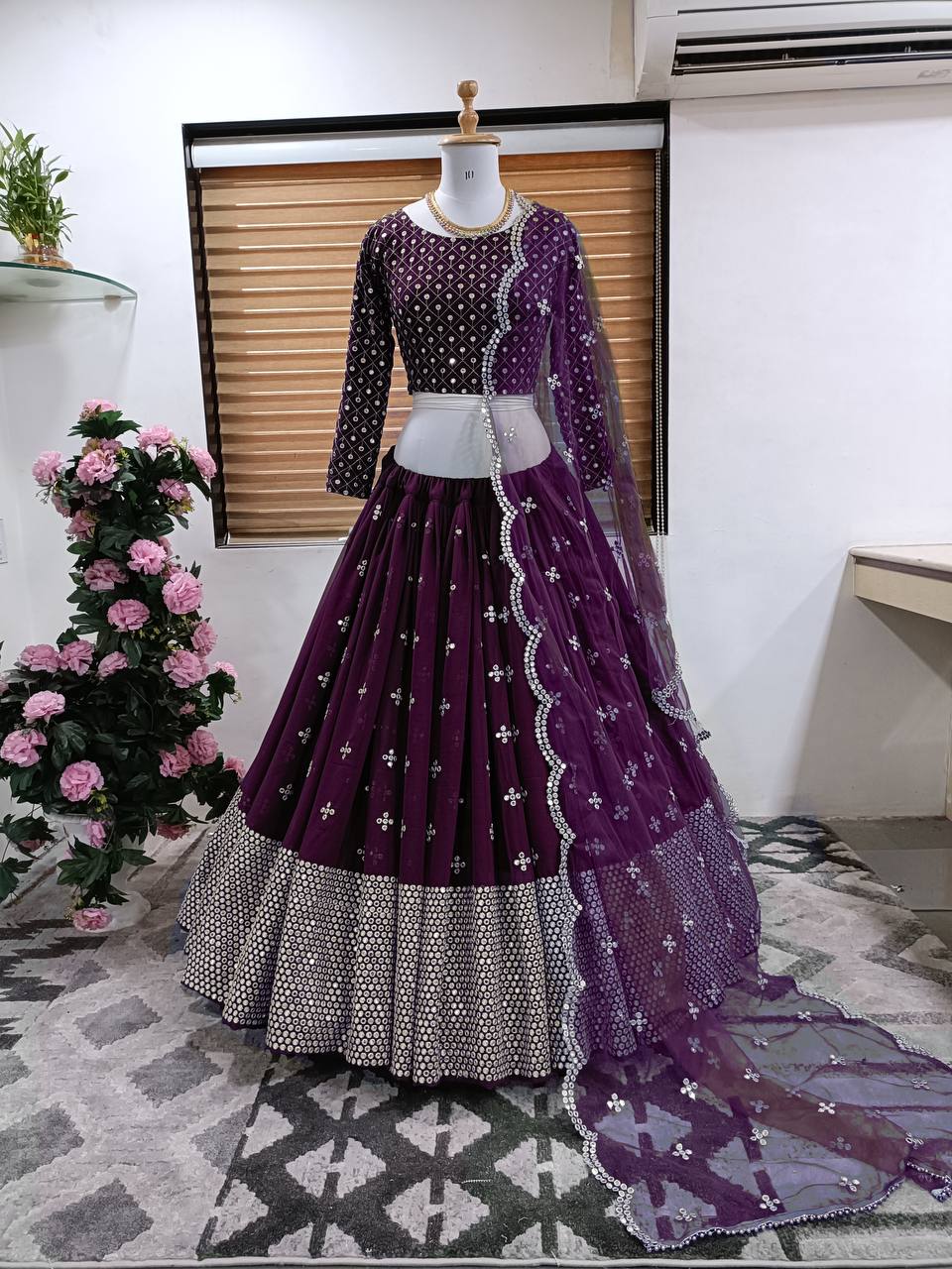 Wine Lehenga Choli In Fox Georgette With 9 MM Embroidery Work