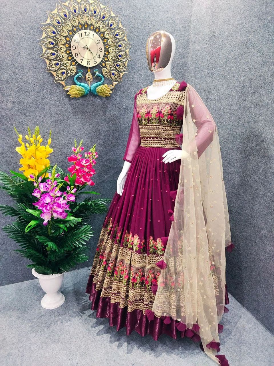 Wine Salwar Suit In Fox Georgette With Embroidery Work