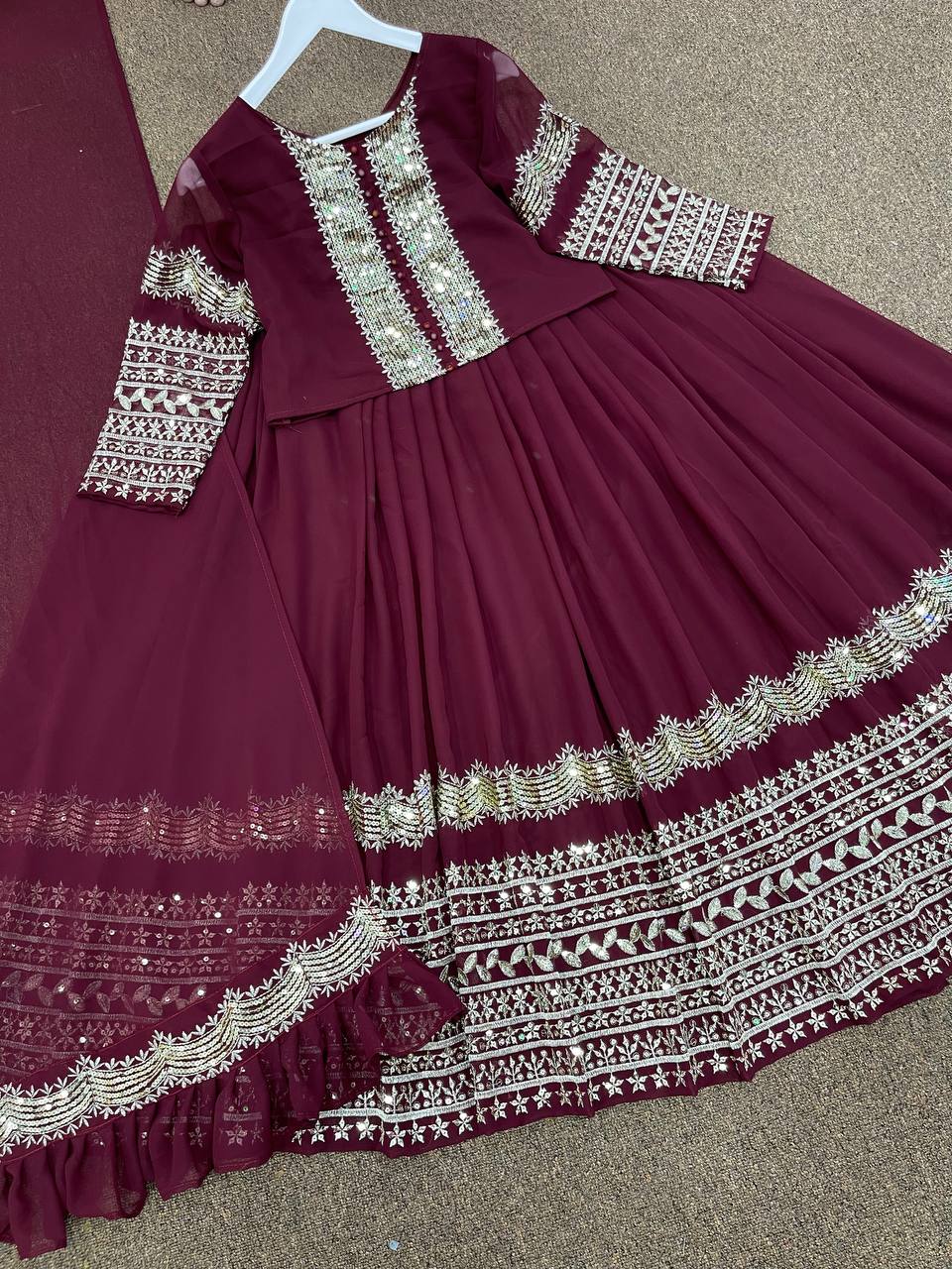 Wine Lehenga Choli In Fox Georgette With Embroidery Work