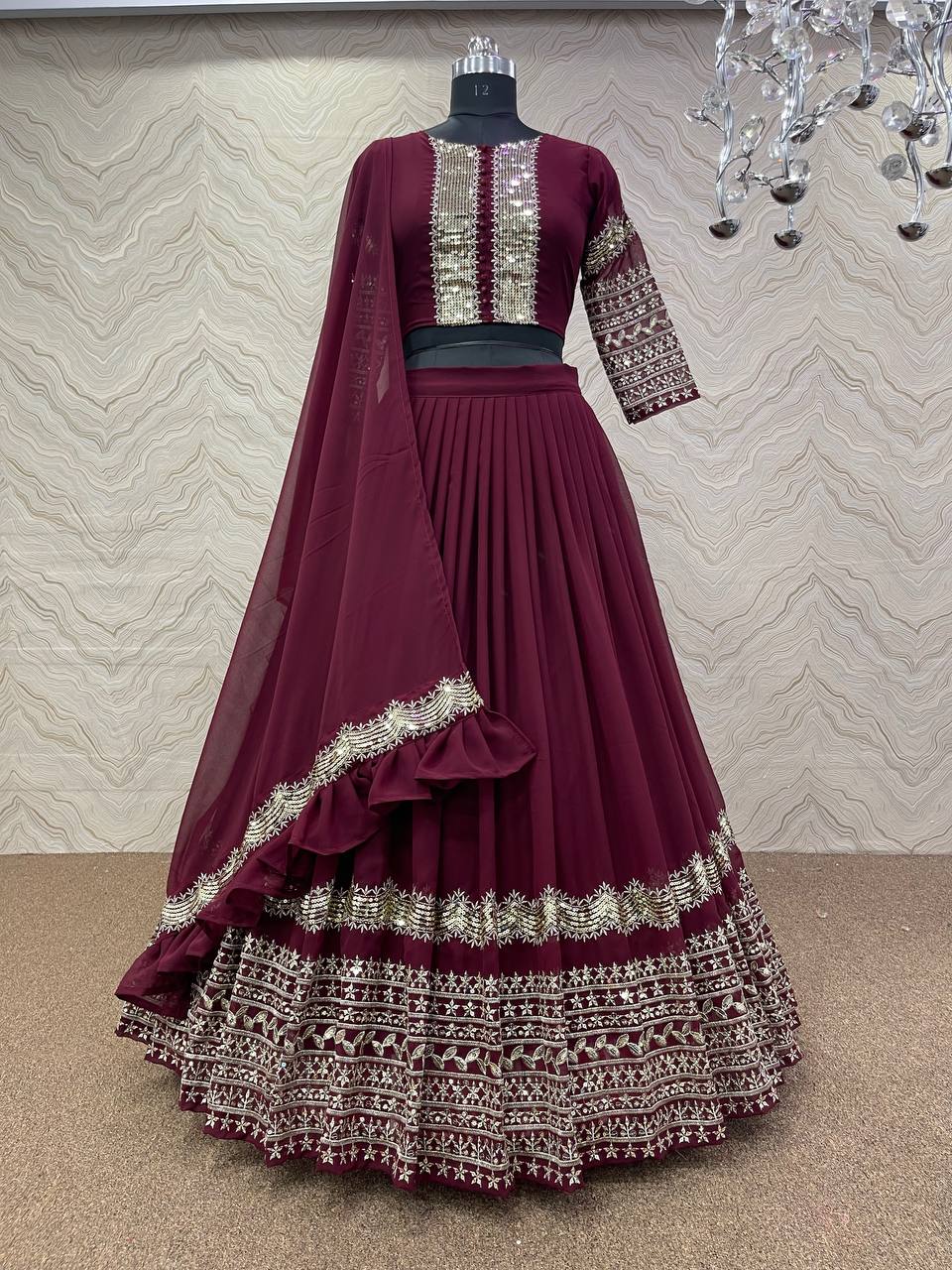 Wine Lehenga Choli In Fox Georgette With Embroidery Work