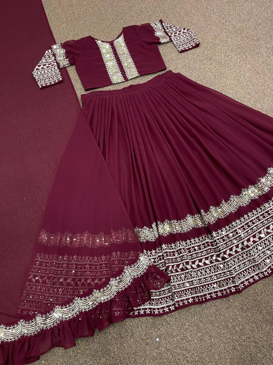 Wine Lehenga Choli In Fox Georgette With Embroidery Work