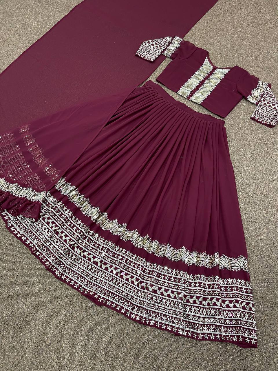 Wine Lehenga Choli In Fox Georgette With Embroidery Work