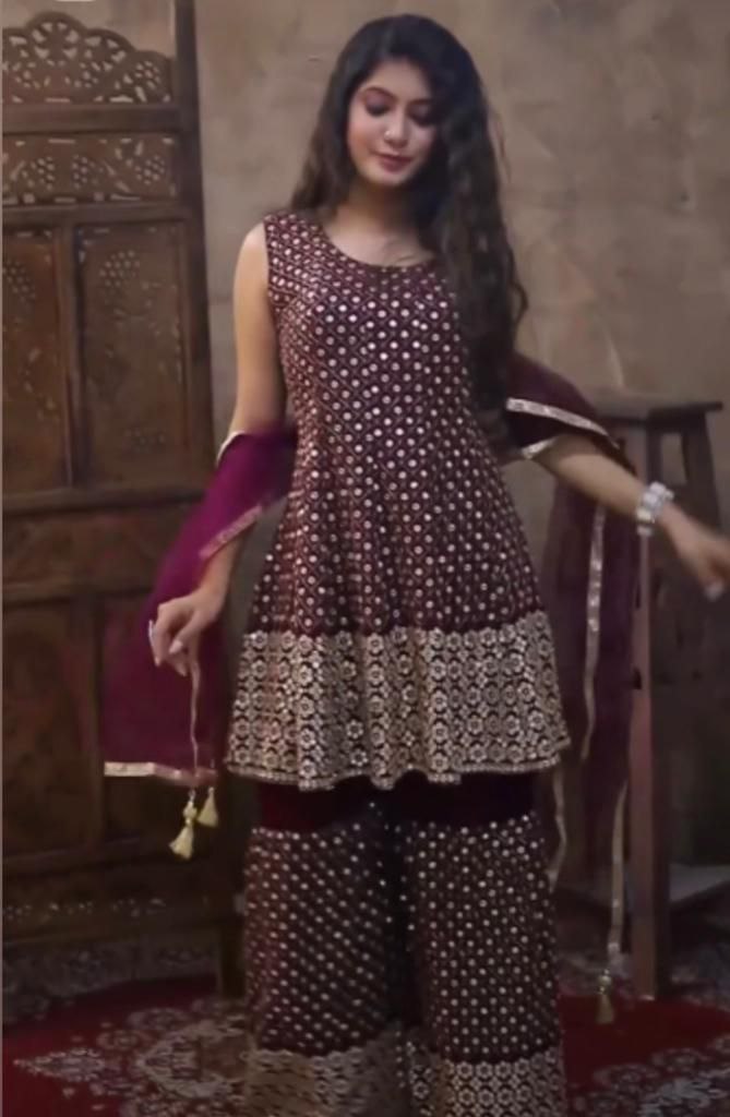 Wine Salwar Suit In Fox Georgette With Embroidery Work