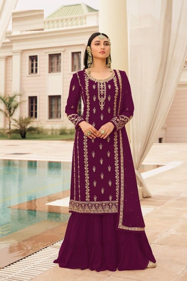Wine Sharara Suit In Fox Georgette With Embroidery Work