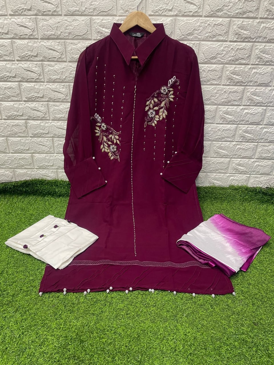 Wine Salwar Suit In Fox Georgette With Hand Work