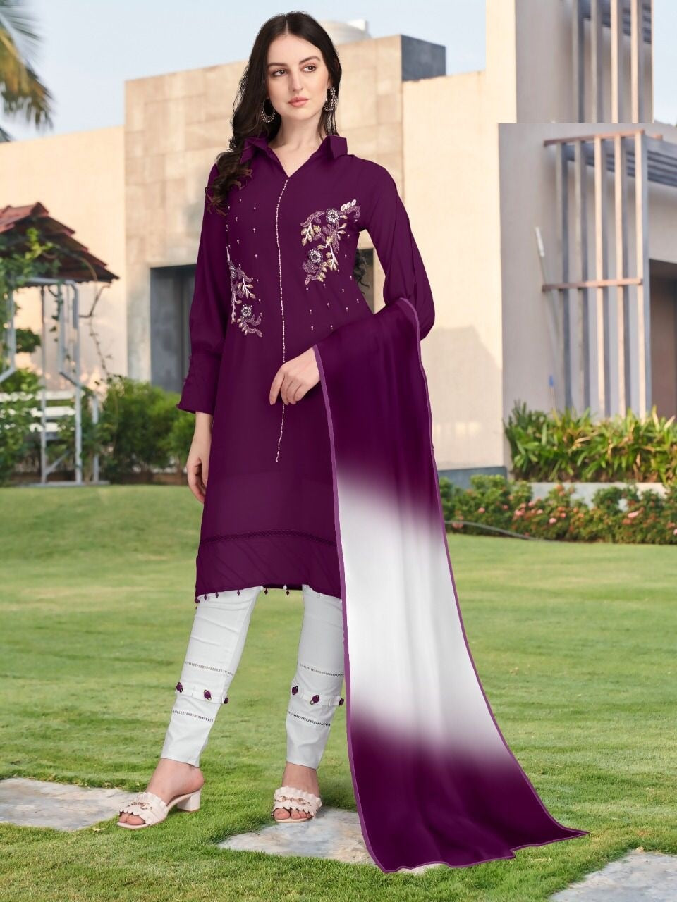 Wine Salwar Suit In Fox Georgette With Hand Work