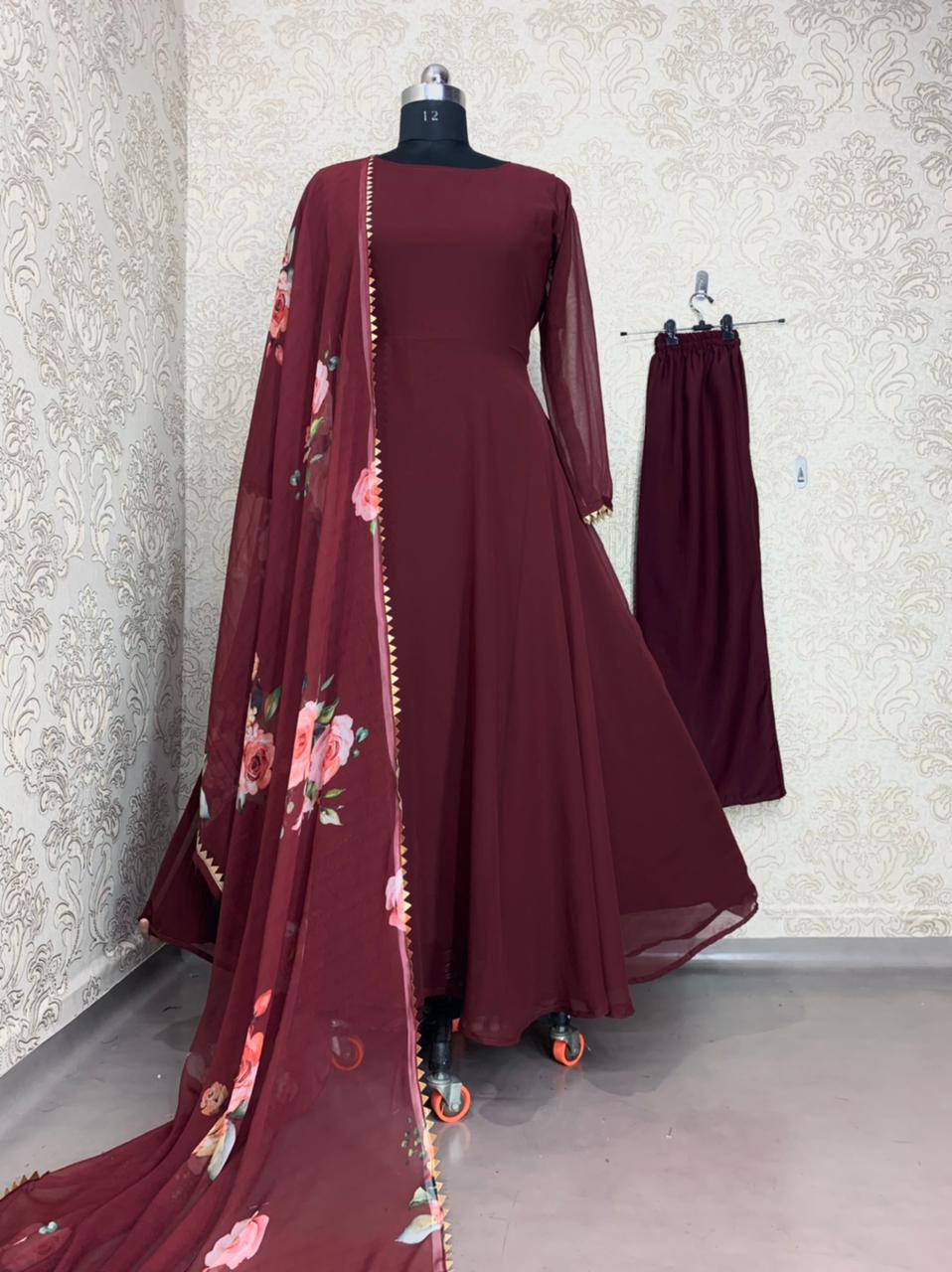 Wine Anarkali Suit In Fox Georgette With Plain