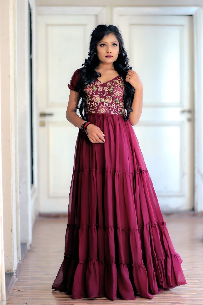 Wine Fox Georgette Sequence Work Gown