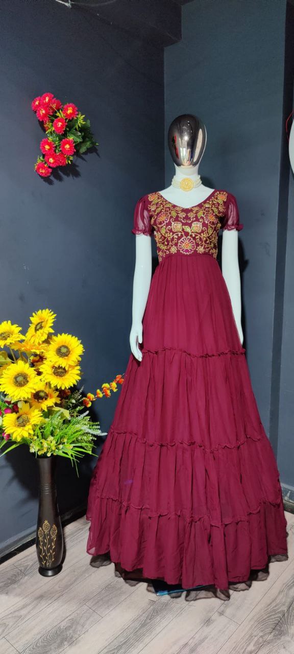 Wine Fox Georgette Sequence Work Gown