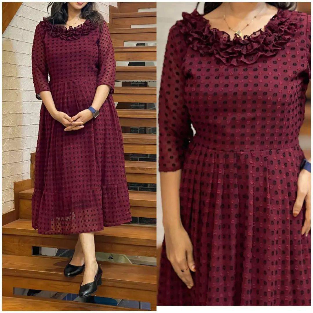 Wine  Gown In Fox Georgette With Soft Dual Ton Butti