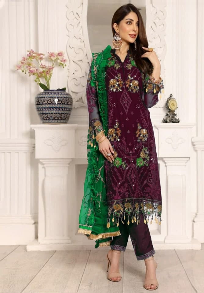 Wine Salwar Suit In Georgette With Embroidery Work