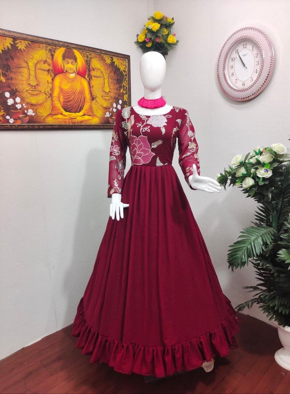 Wine Georgette Sequence Embroidery Work Gown