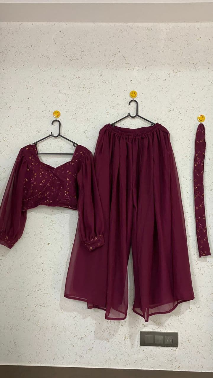 Wine Georgette Sequence Work Palazzo Suit