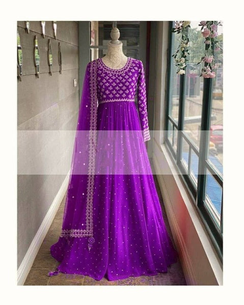 Wine Anarkali Suit In Georgette Silk With Embroidery Work