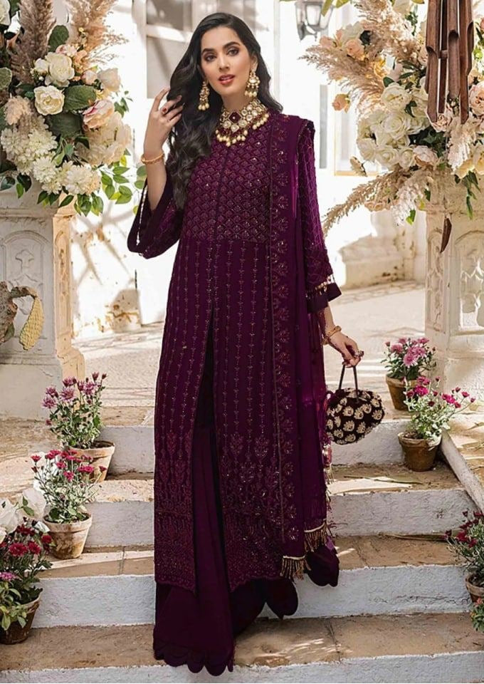 Wine Georgette Silk Embroidery Work Salwar Suit