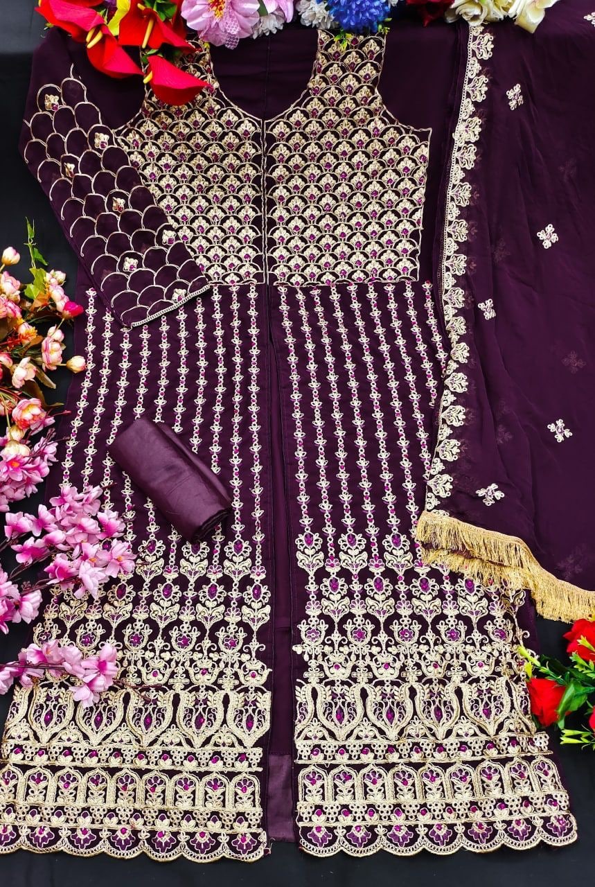 Wine Georgette Silk Embroidery Work Salwar Suit