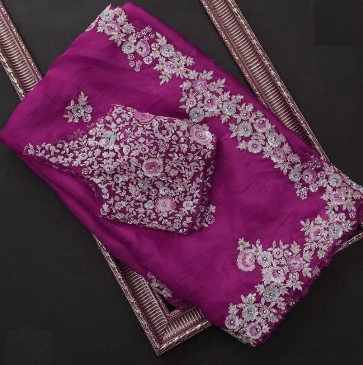 Wine Saree In Georgette Silk With Embroidery Work