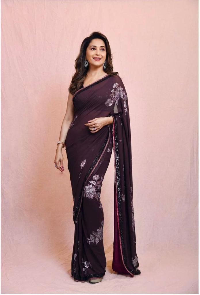Wine Saree In Georgette Silk With Sequence Work