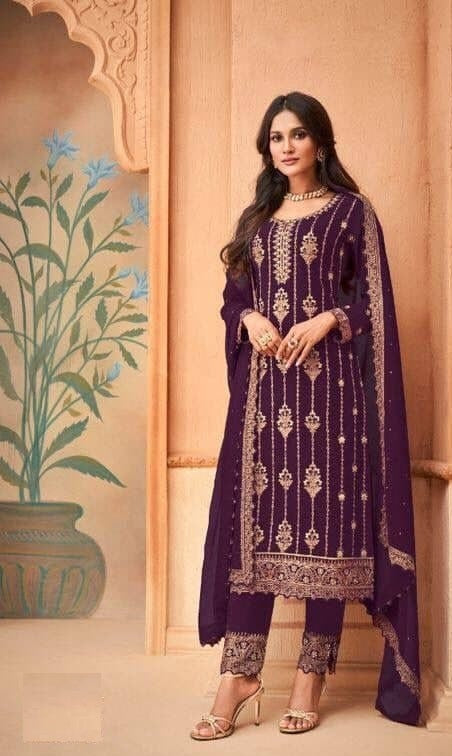 Wine Salwar Suit In Heavy Fox Georgette With Embroidery Work