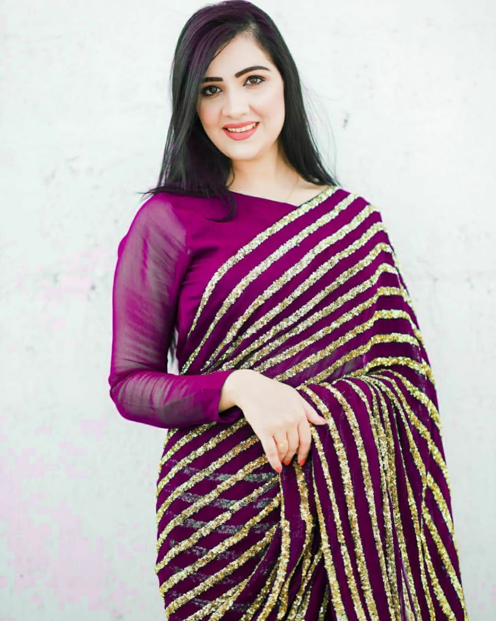 Wine Saree In Heavy Georgette With Sequence Work