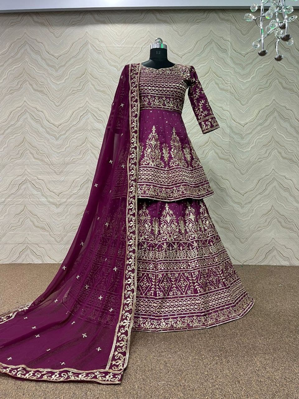 Wine Sharara Suit In Heavy Mono Silk With Embroidery Work
