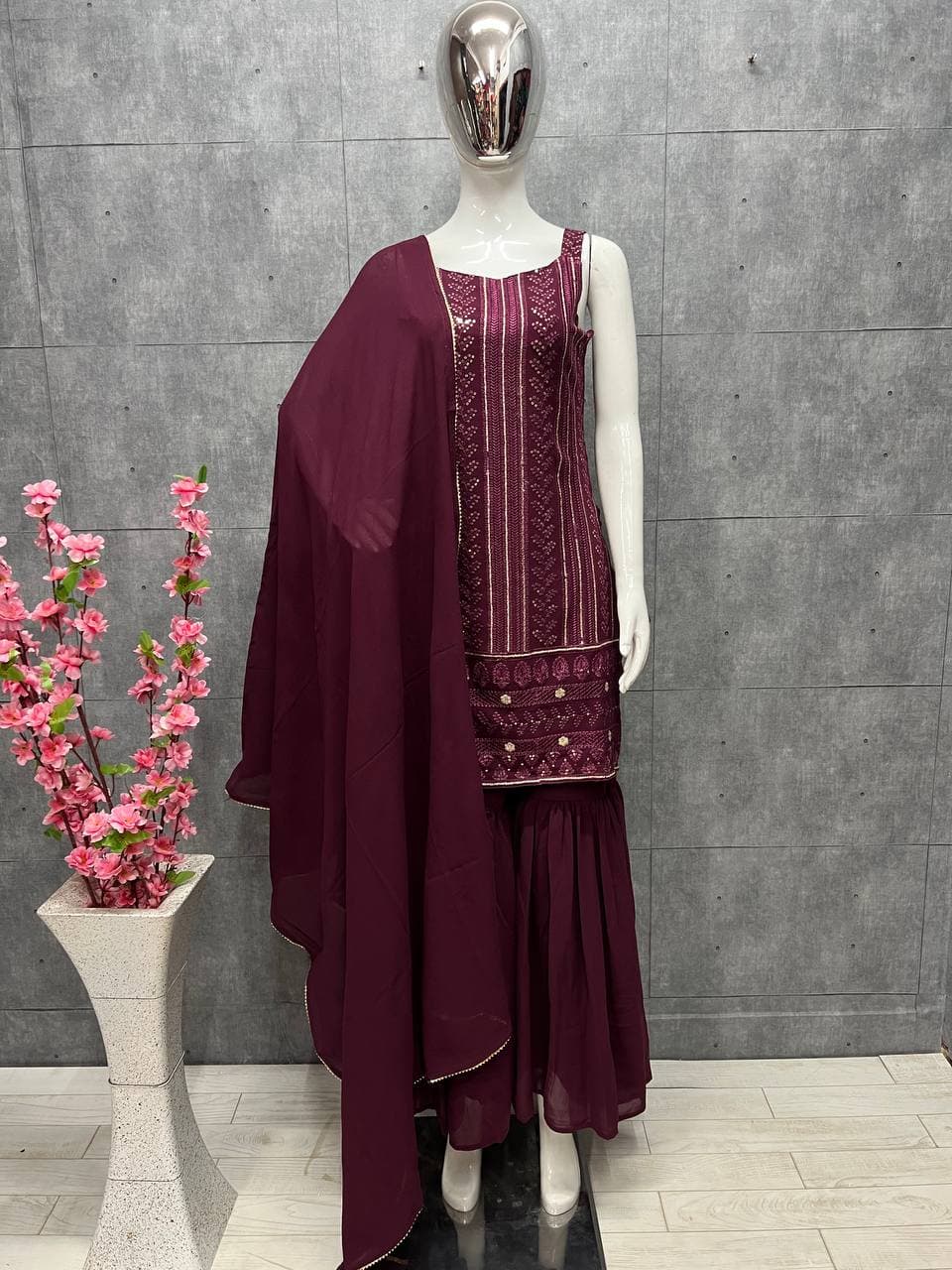 Wine Salwar Suit In Heavy Pure Soft Georgette With Lucknow Embroidery Cotton Thread Work