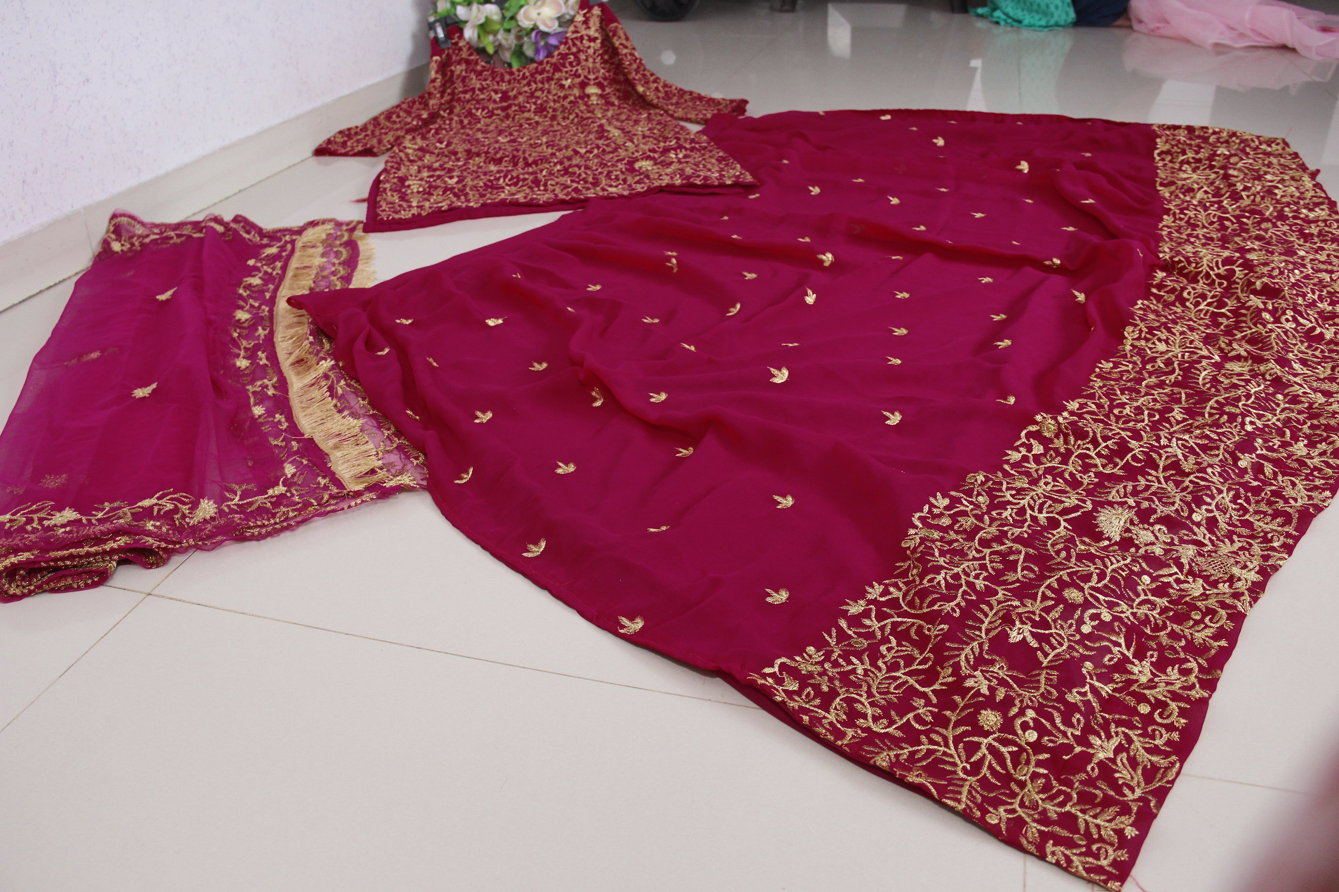 Wine Lehenga Choli In Georgette Silk With Thread Work