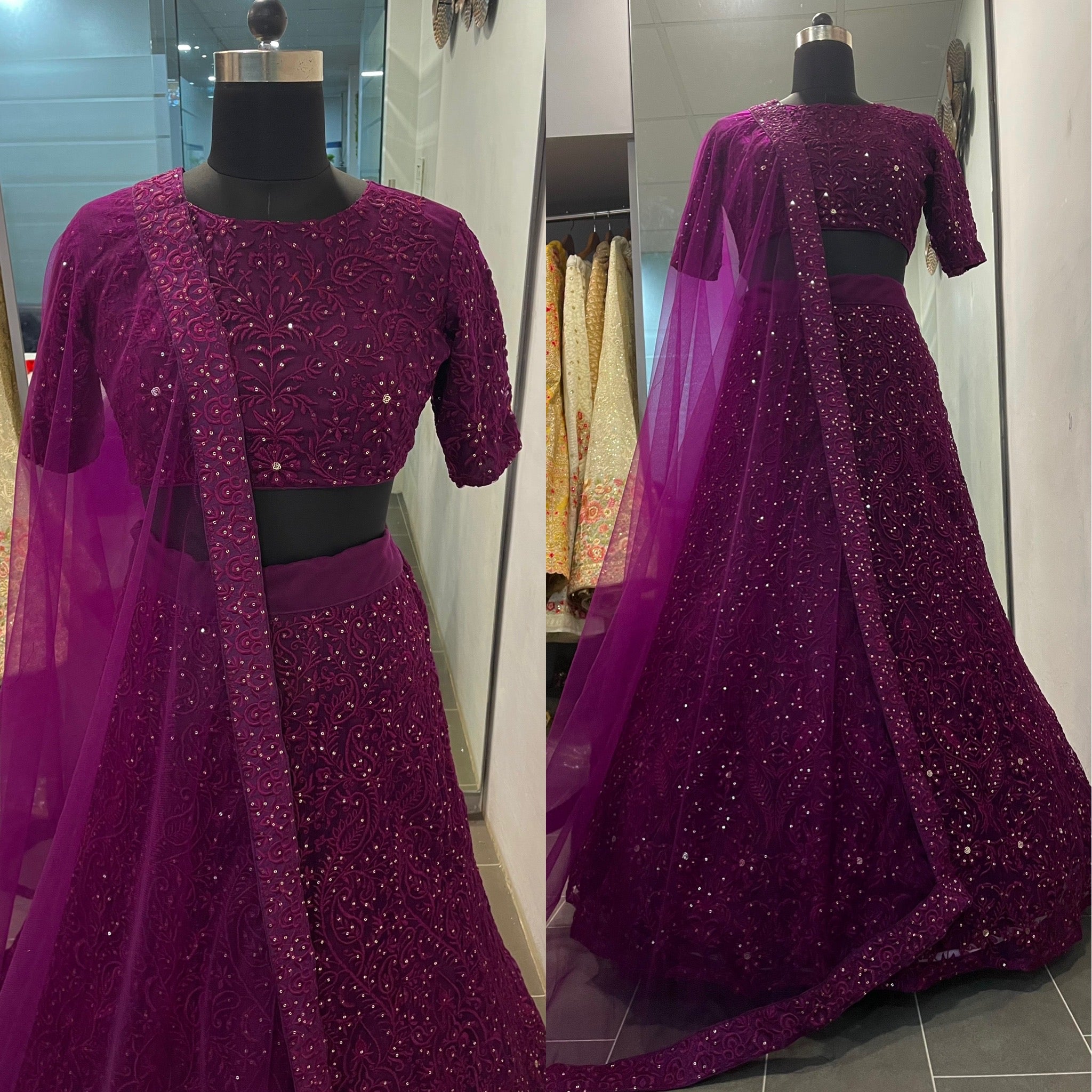 Wine Lehenga Choli In Nylon Mono Net With Thread Work