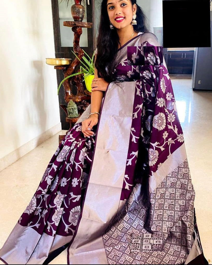 Wine Lichi Silk Banarasi Saree With Blouse