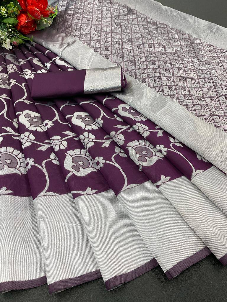 Wine Lichi Silk Banarasi Saree With Blouse