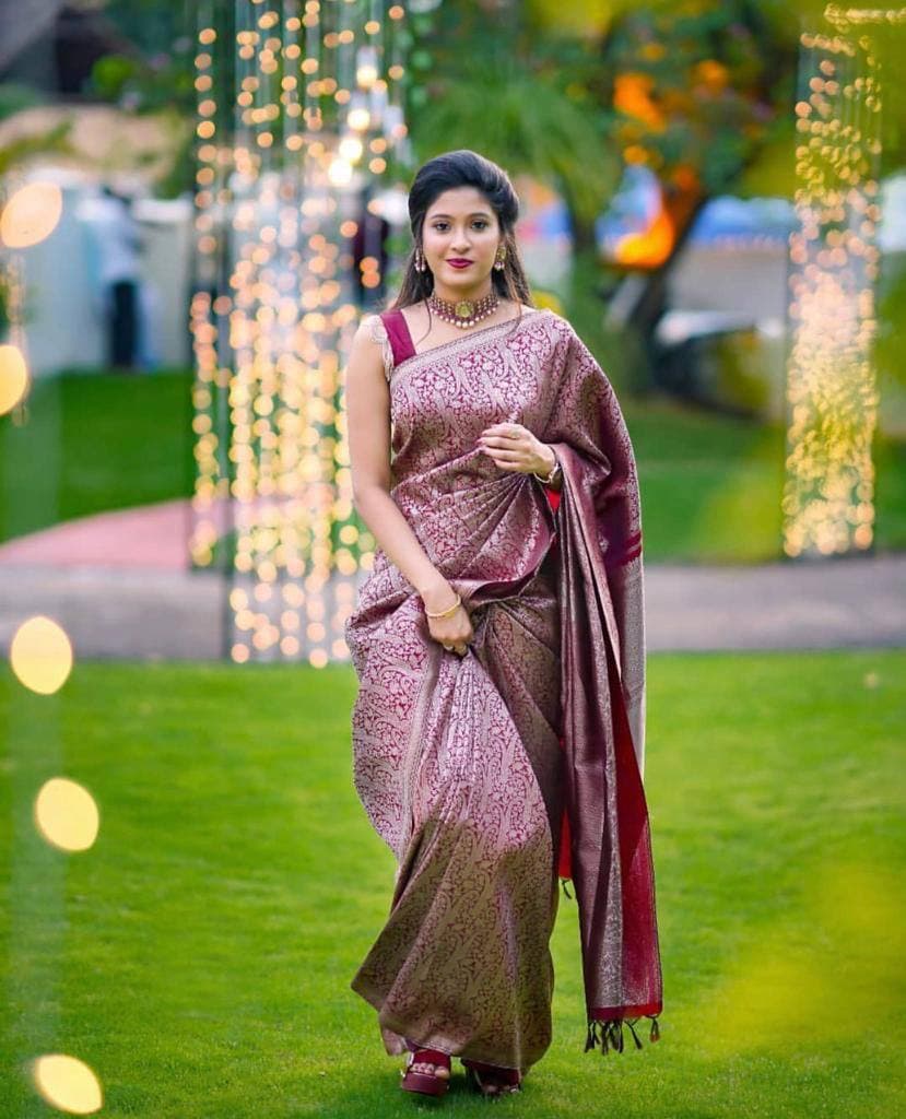 Wine Lichi Silk Banarasi Wedding Wear Saree