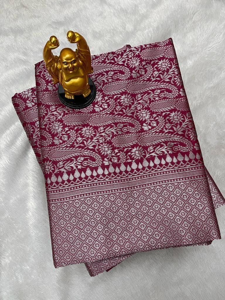 Wine Lichi Silk Banarasi Wedding Wear Saree