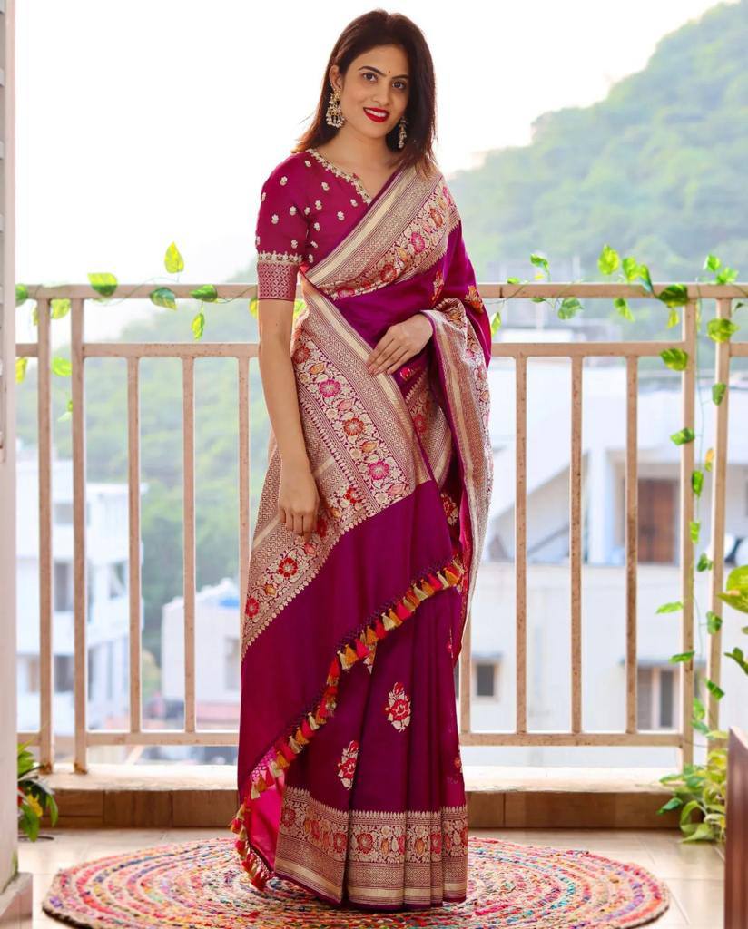 Wine Lichi Silk Wedding Wear Banarasi Saree