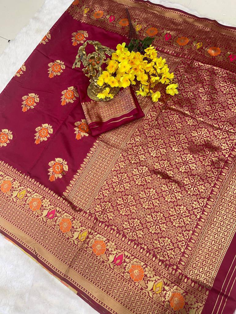 Wine Lichi Silk Wedding Wear Banarasi Saree