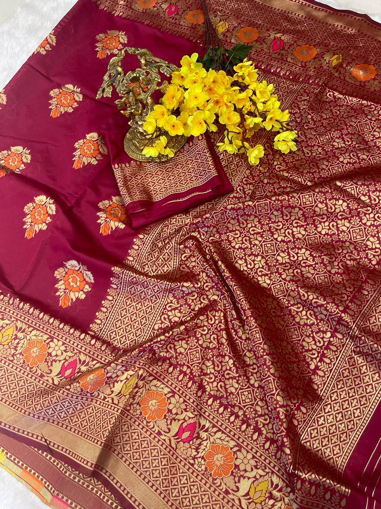 Wine Lichi Silk Wedding Wear Banarasi Saree